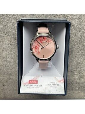 Timex Womens Watch 36mm Case Floral Dial Pink Leather Band Quartz Three Hands S2